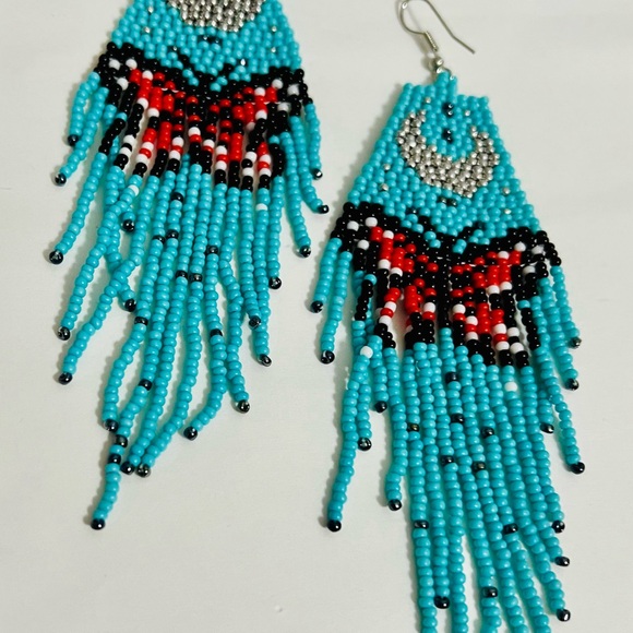 Last 2! Aqua Beaded Moon Butterfly Tassel Boho Earrings! - Picture 2 of 6
